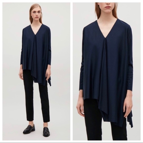 COS Black asymmetric tunic v neck swing top drape raw edge Shirt Top Sz XS - Picture 2 of 11